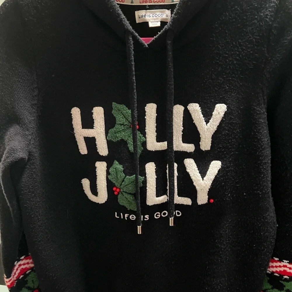 Life Is Good Festive Black Hoodie with Green and Red Accents #209